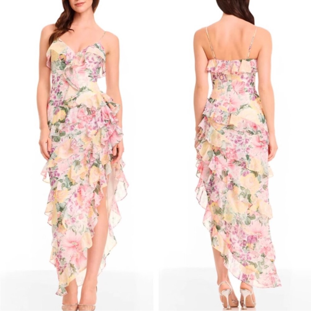 NWT DRESS THE POPULATION Josefina Dress Floral
Ruffle Detail Gown in Ivory Multi - Picture 1 of 16